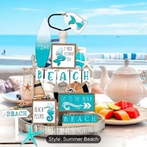 Summer Beach Tier Tray Decor Set Summertime Beach Vacation Surf Mermaid Starfish